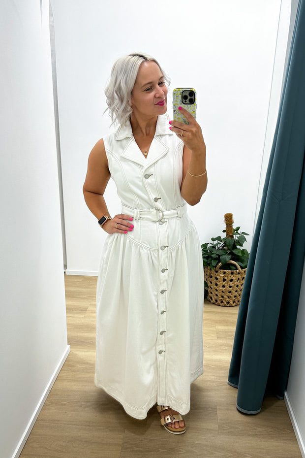 Ada Sleeveless Denim Maxi Dress | WHITE