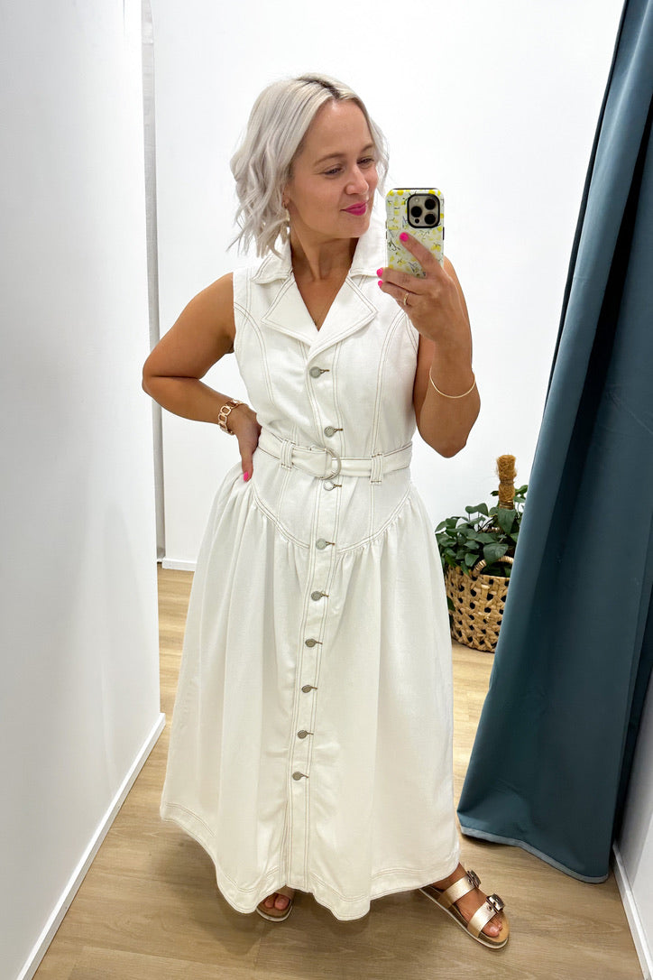 Ada Sleeveless Denim Maxi Dress | WHITE